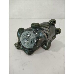 Frog Figurine Chillin Reclining Worrying Perplexed Green Thinking Glazed Ceramic